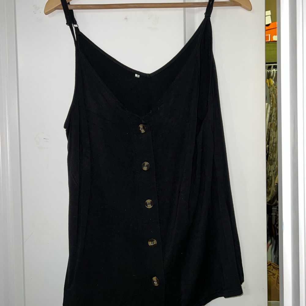 black tank, loose fitting with tan buttons